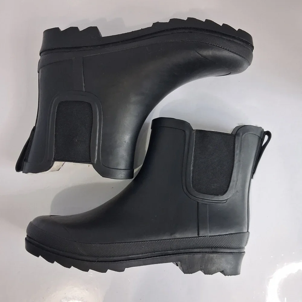J.Crew Matte Black Rubber Chelsea Rain Boots Faux Shearling Lined Ankle BD333 7